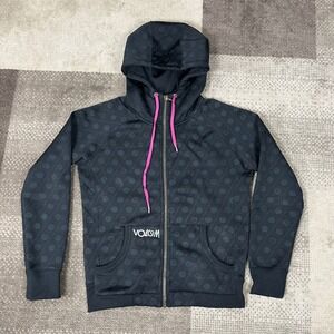 Y2K Volcom Womens Full Zip Hoodie Black AOP Print Size Medium